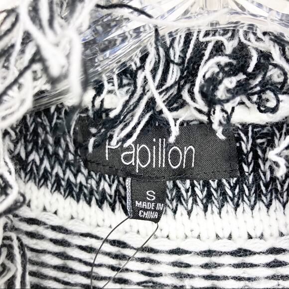 Papillon Black White Knit Fringe Open Front Cardigan Sz S - Picture 3 of 7
